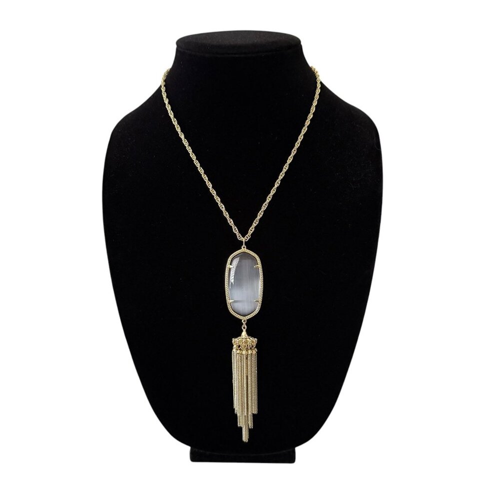 Kendra Scott Rayne Necklace 14k Gold Plated Brass Slate Cats Eye Pendant Tassel